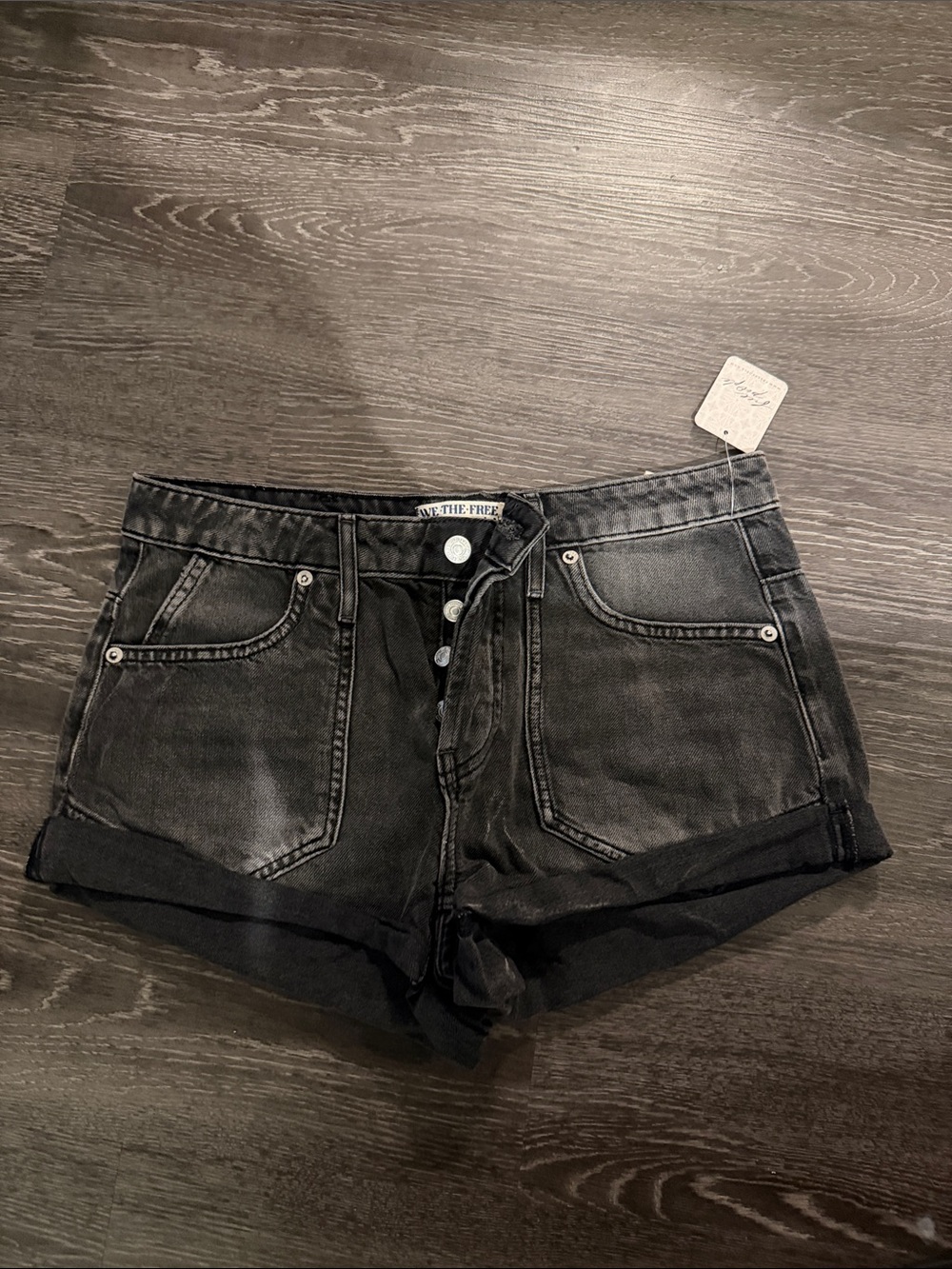 We The Free Washed Black High-Rise Rolled Hem Denim Shorts